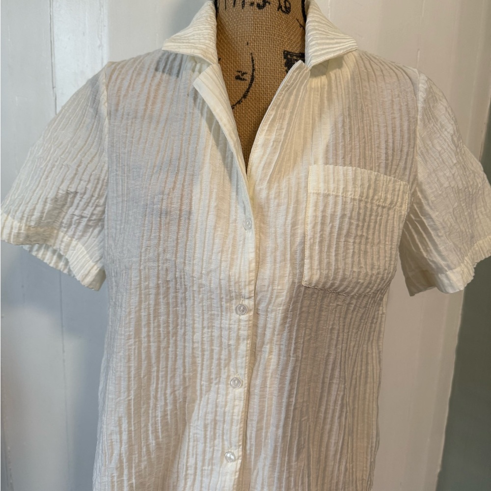 BCBG Women’s Ivory Short Sleeve‎ Crinkle Button-Down Blouse Top Size Small